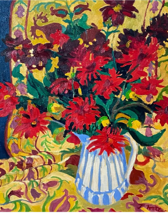 Dahlias in a blue striped jug Josephine Trotter Dahlias in a Blue Striped Jug